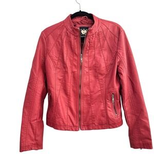 Lock & Love Women's Red Faux Leather Moto Jacket Cafe Racer‎ Size Medium